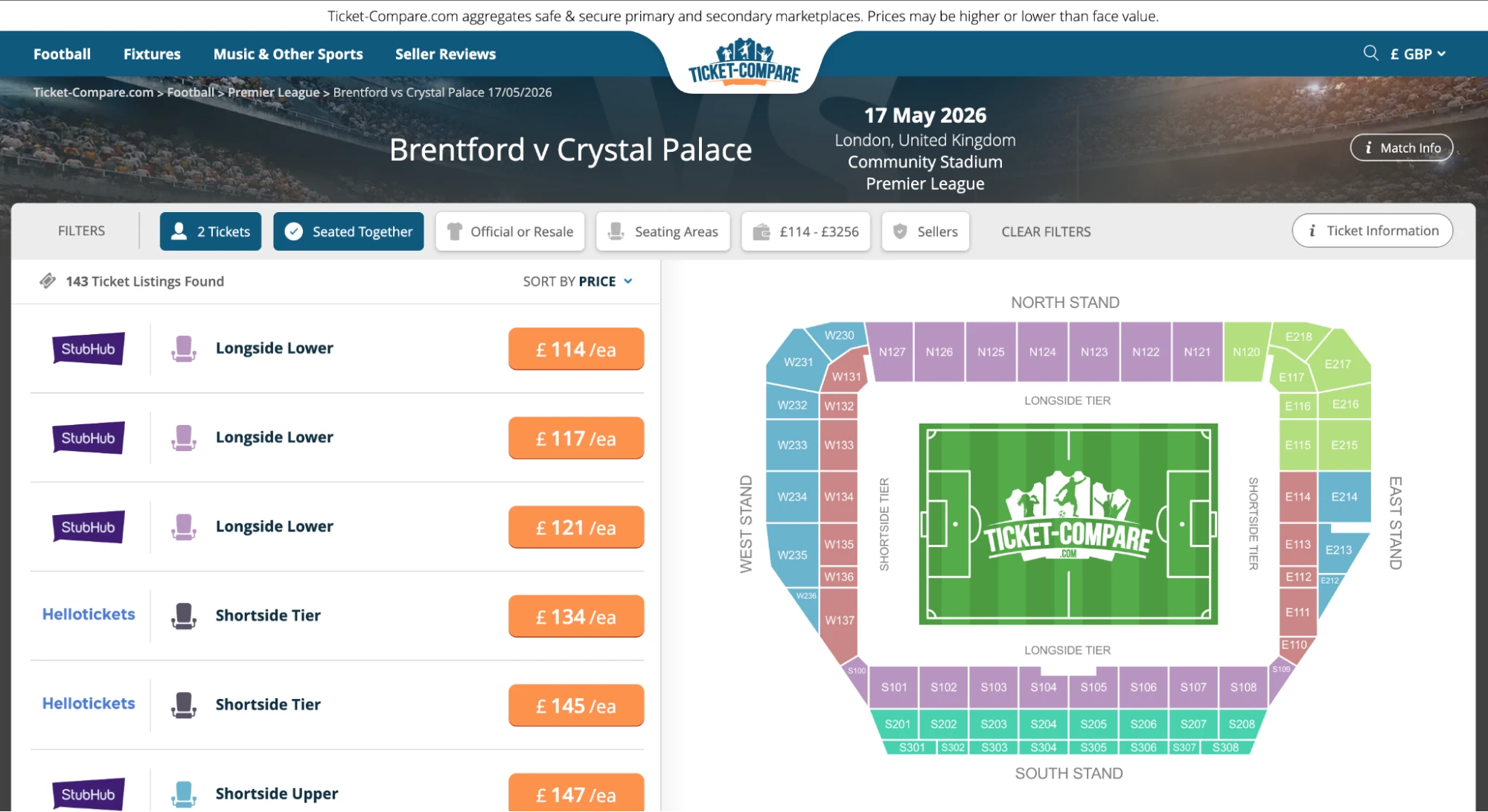 Captura de pantalla de la página de entradas Brentford v Crystal Palace en Ticket-Compare.com