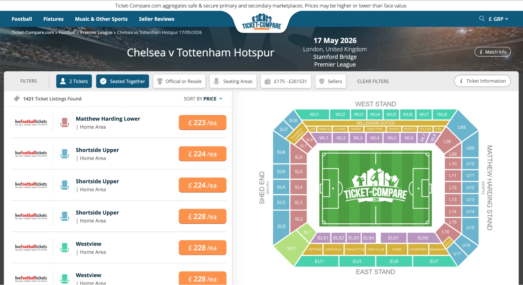 Pantallazo página de Entradas Chelsea v Tottenham Hotspur