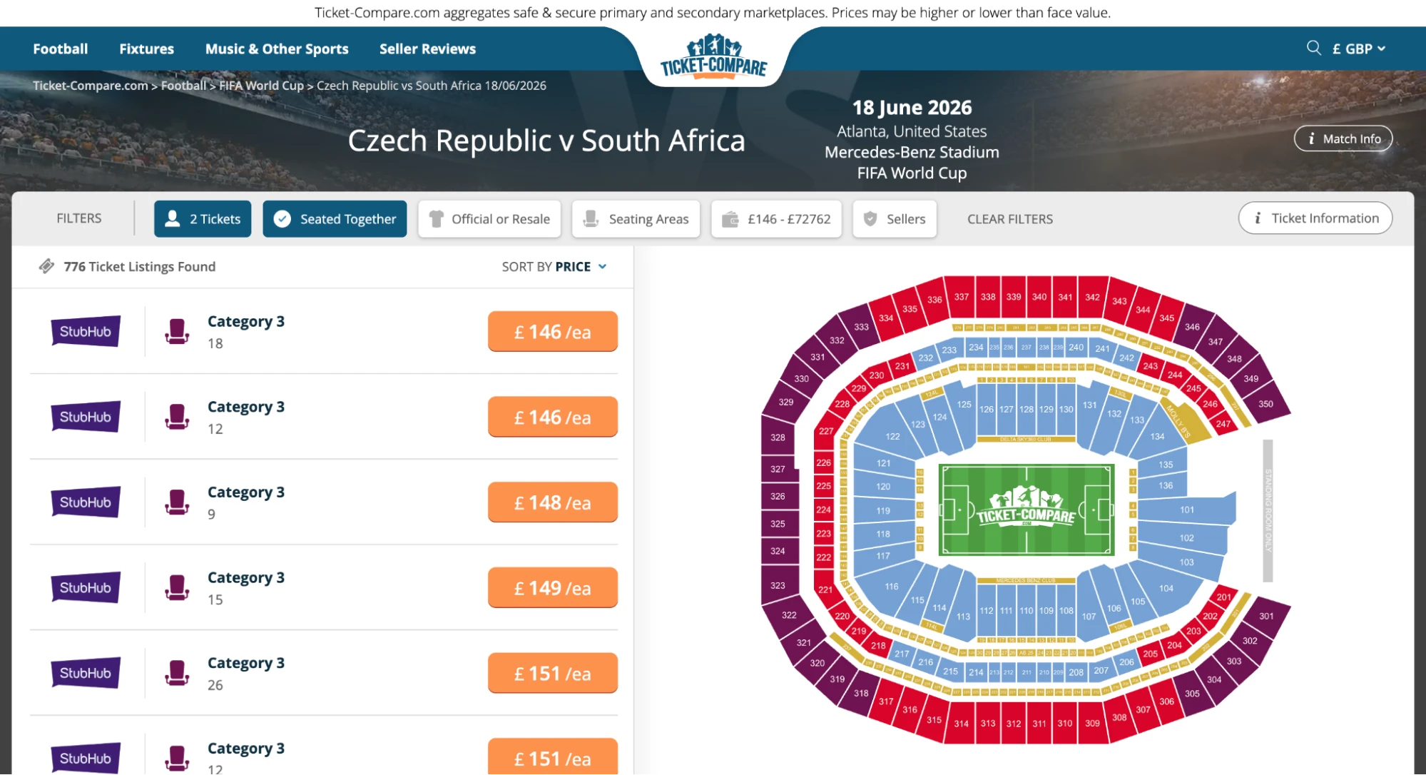 Captura de pantalla de la página de entradas de República Checa vs Sudáfrica