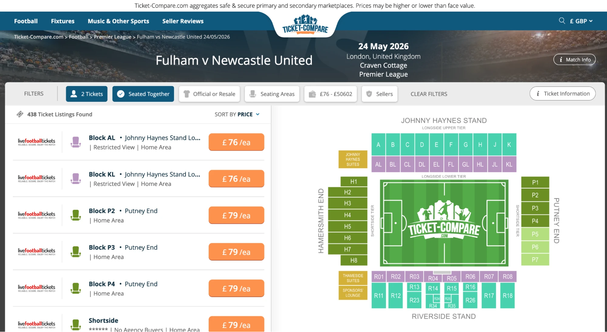 Captura de pantalla Entradas Fulham v Newcastle