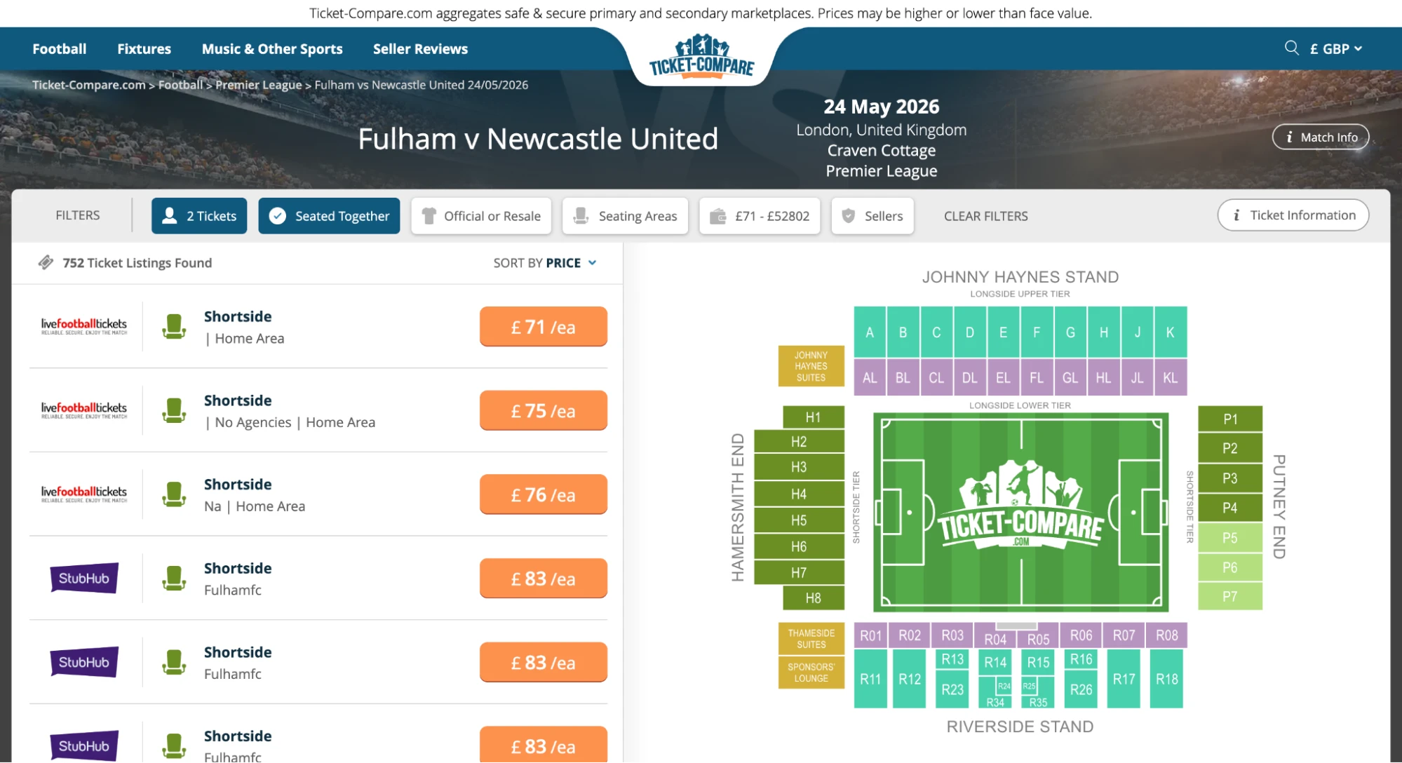 Screenshot de entradas Fulham vs Newcastle en la plataforma