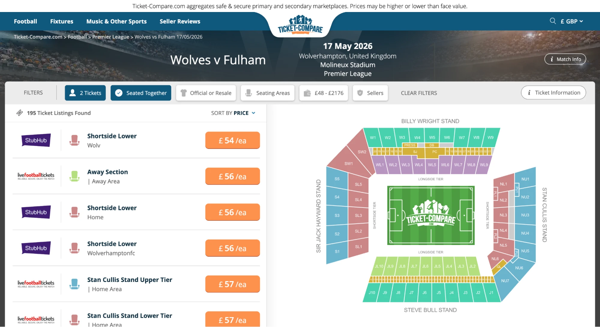 Captura de la página de entradas Wolves-Fulham
