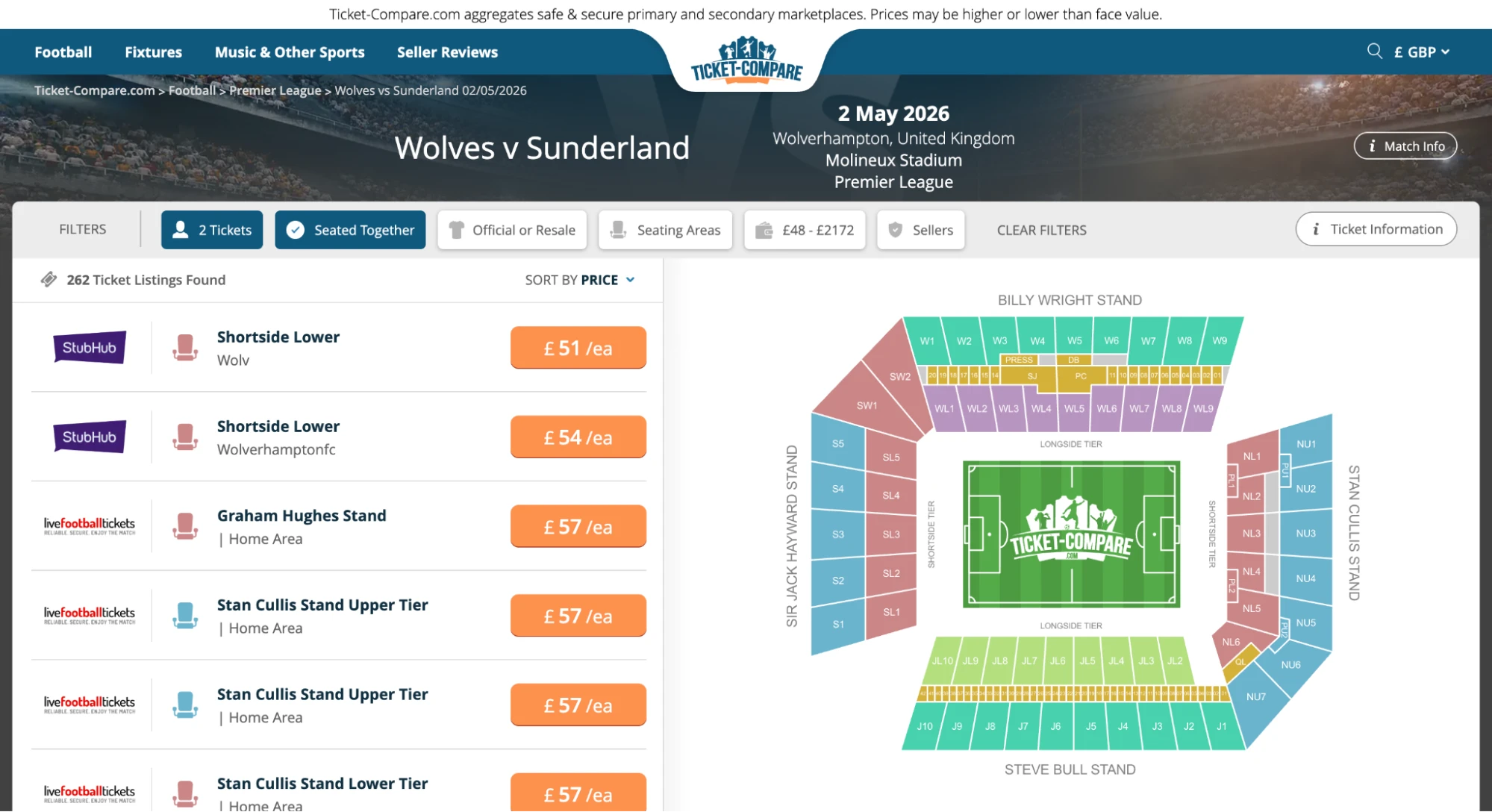 Captura de pantalla Entradas Wolves v Sunderland