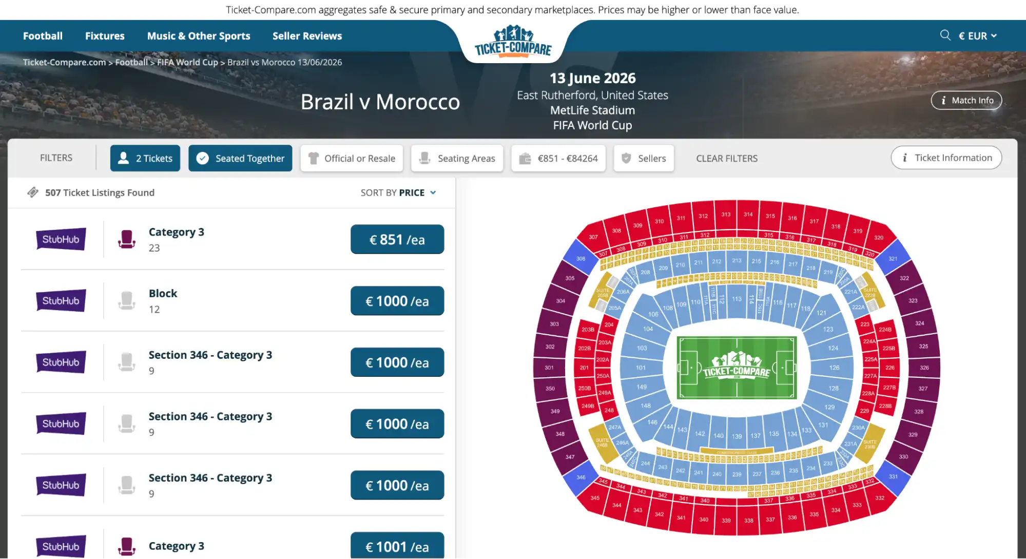 Captura de la página de entradas Brasil vs Marruecos