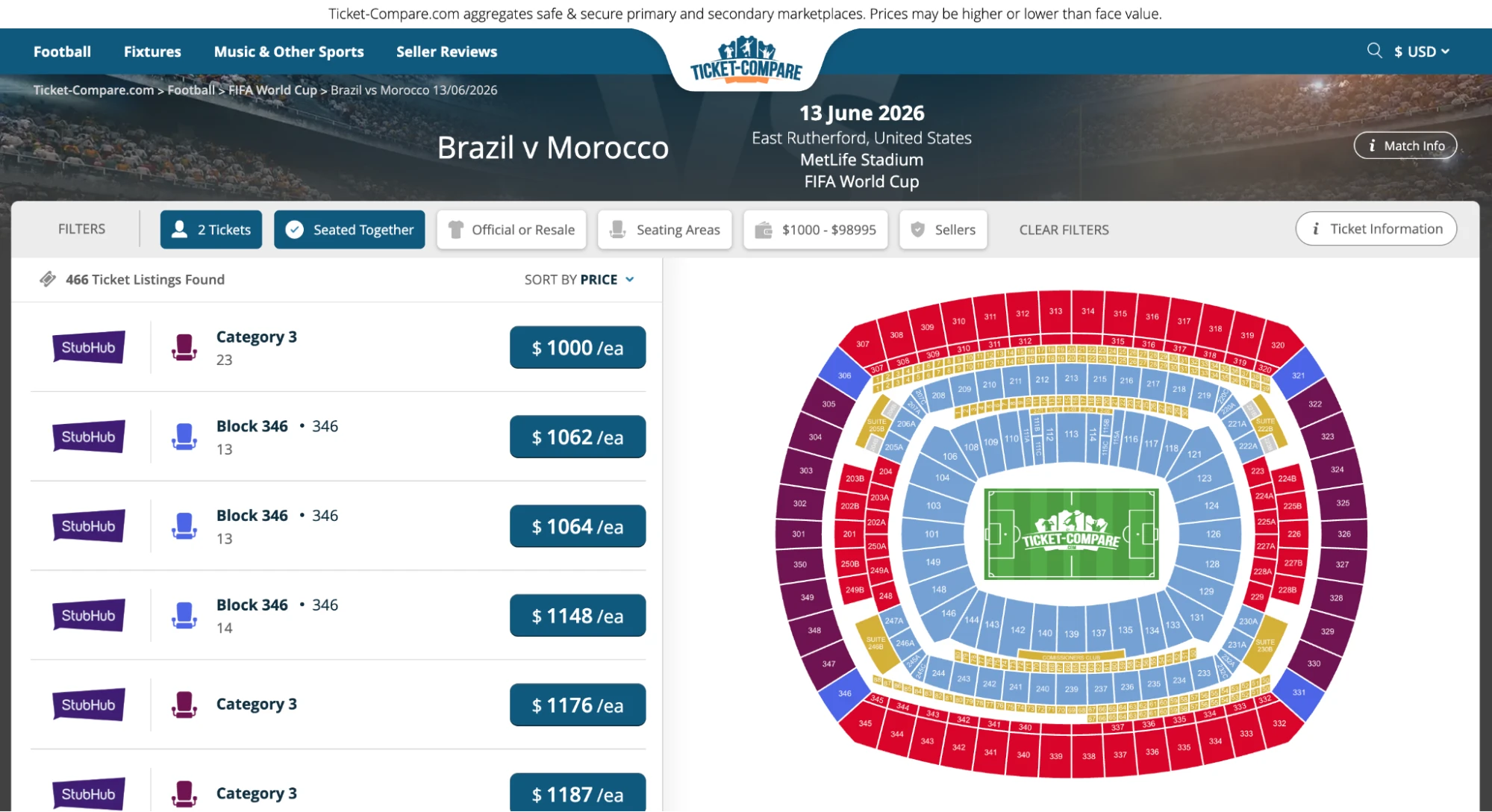 screenshot of Brazil vs Morocco match tickets page on ticket-compare.com