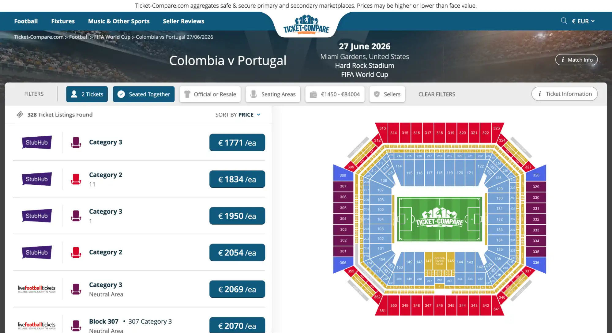 screenshot of Colombia vs Portugal match tickets page
