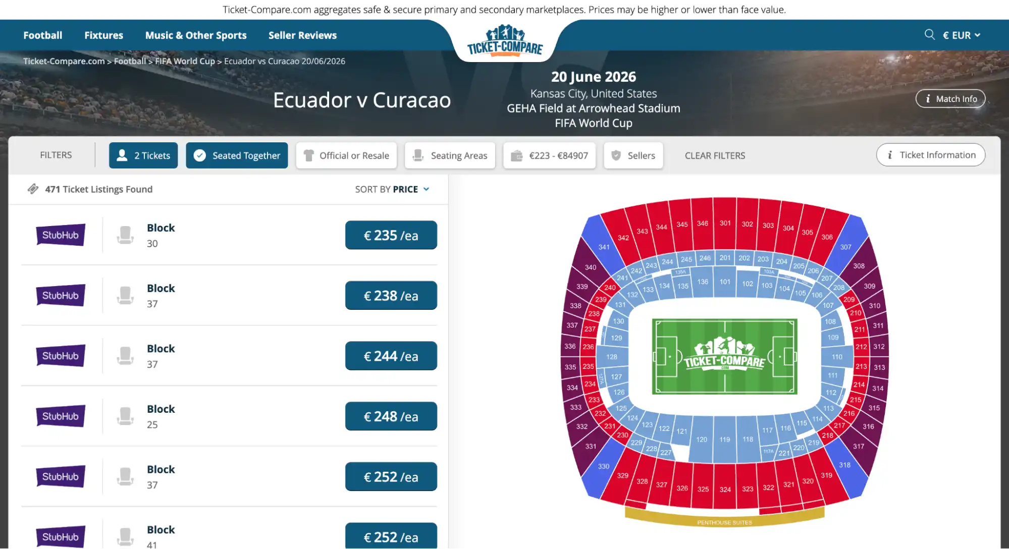 screenshot of Ecuador vs Curacao match tickets page on ticket-compare.com