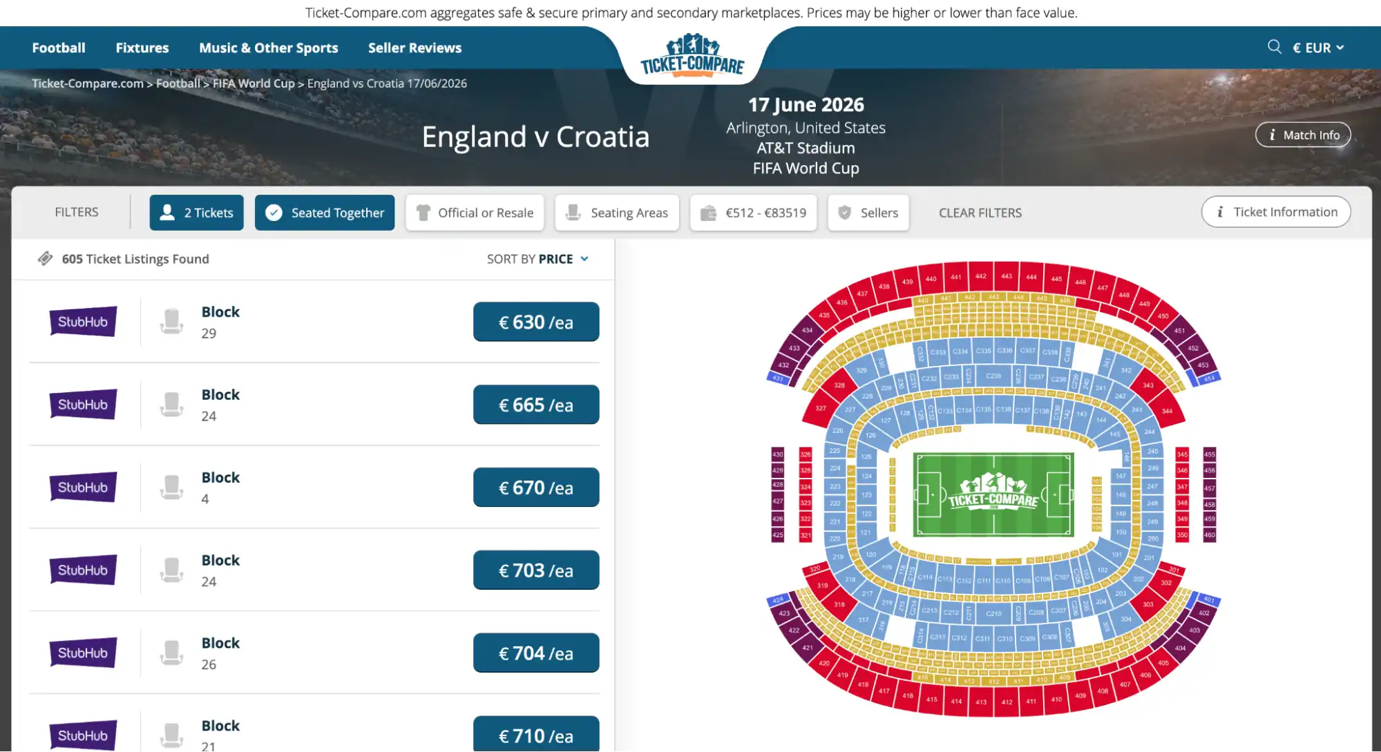 screenshot of England vs Croatia match tickets page on ticket-compare.com