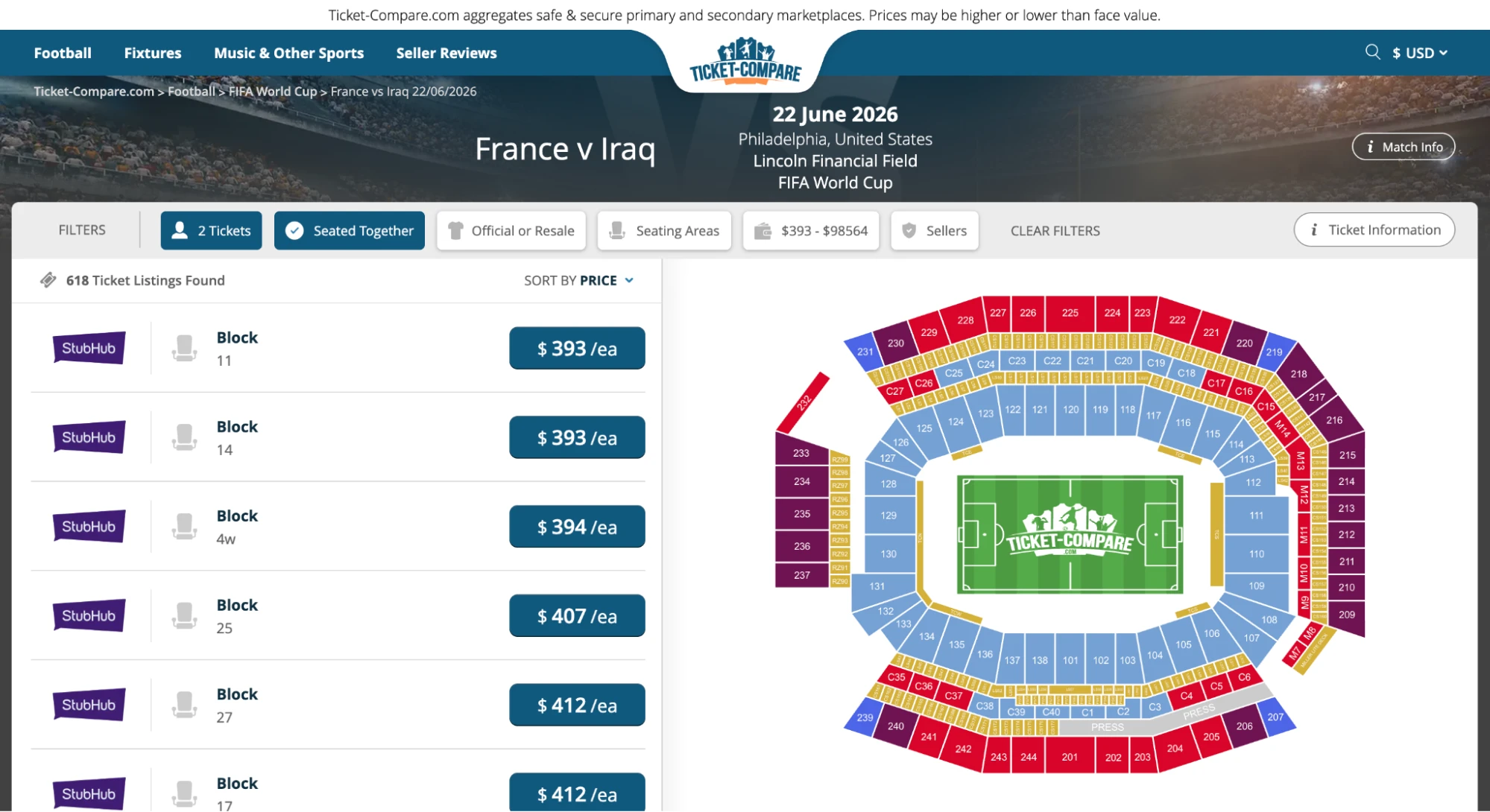 captura de pantalla de la página de entradas Francia vs Irak