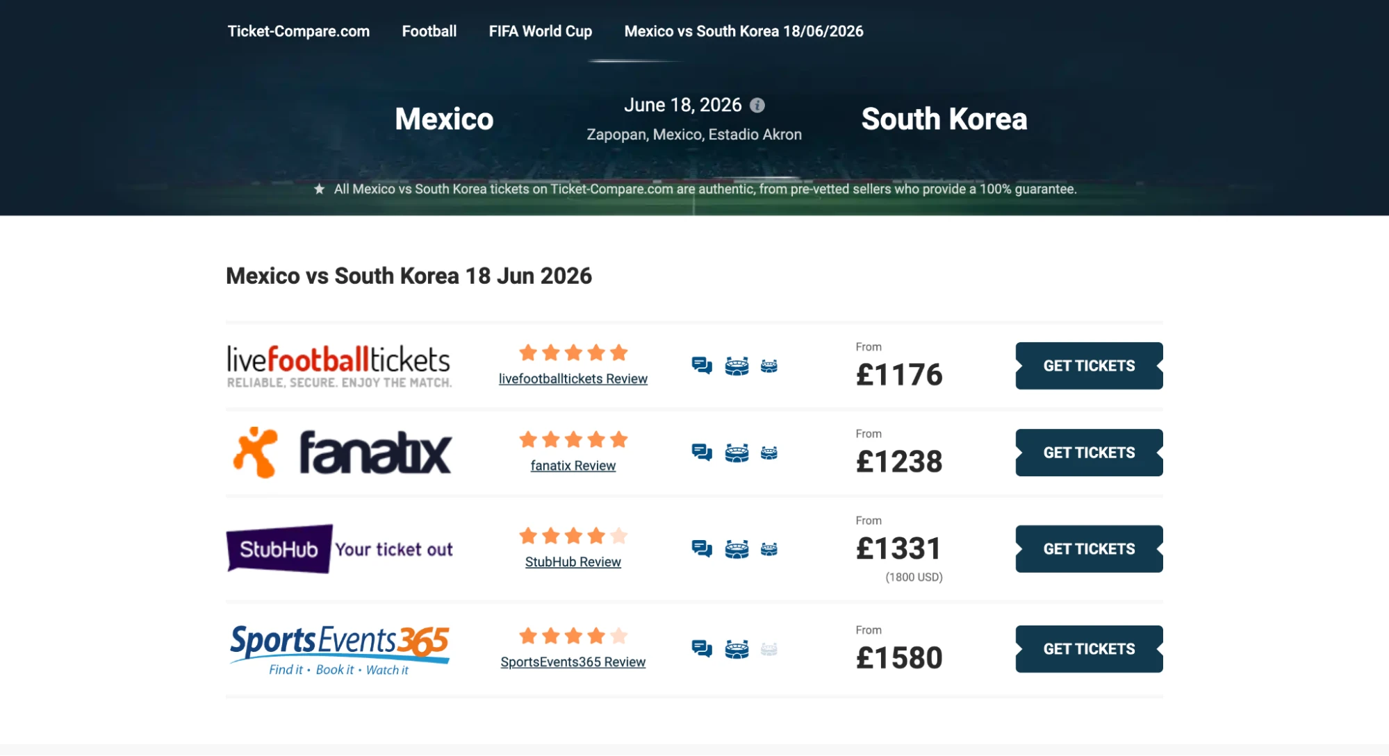 screenshot de la página de México vs Corea del Sur