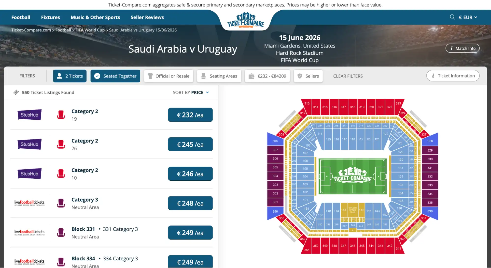 screenshot of Saudi Arabia vs Uruguay match tickets page on ticket-compare.com