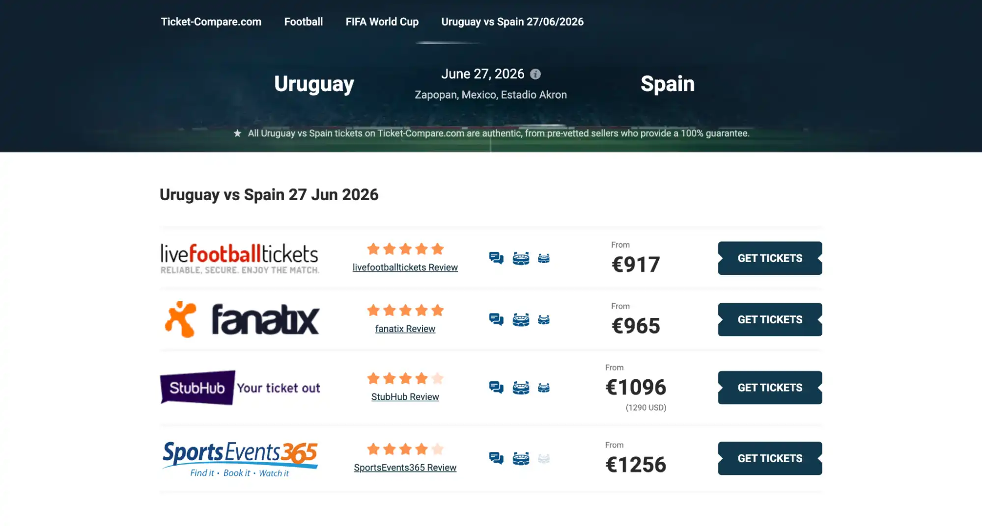 captura de pantalla página de entradas Uruguay vs España