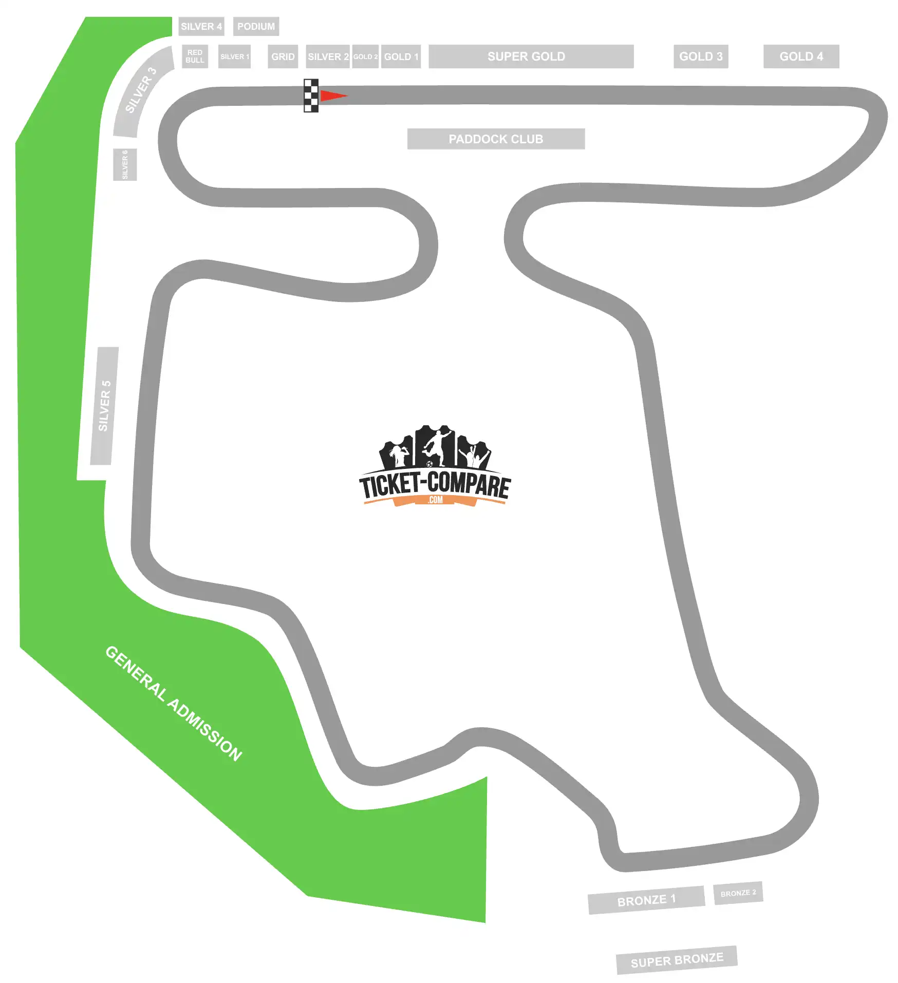 Plano de asientos del Circuito de Hungaroring con la zona de Entrada General resaltada