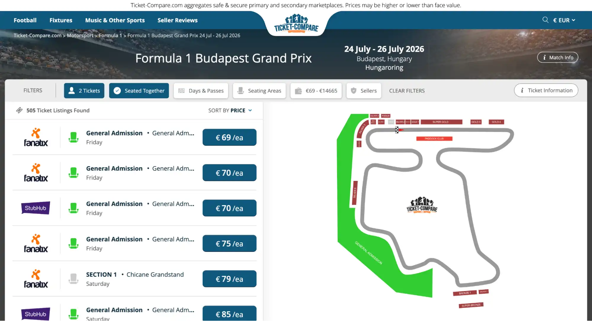captura de pantalla de la página de Entradas Gran Premio de Hungría