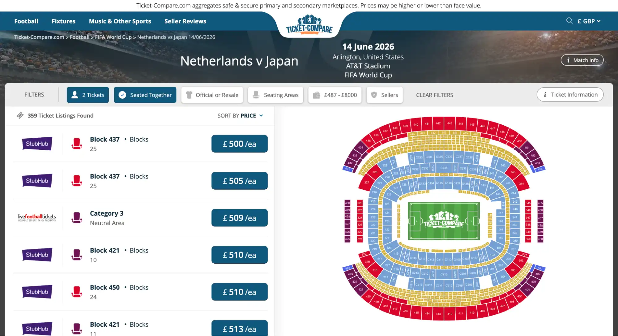 screenshot of Netherlands vs Japan match tickets page