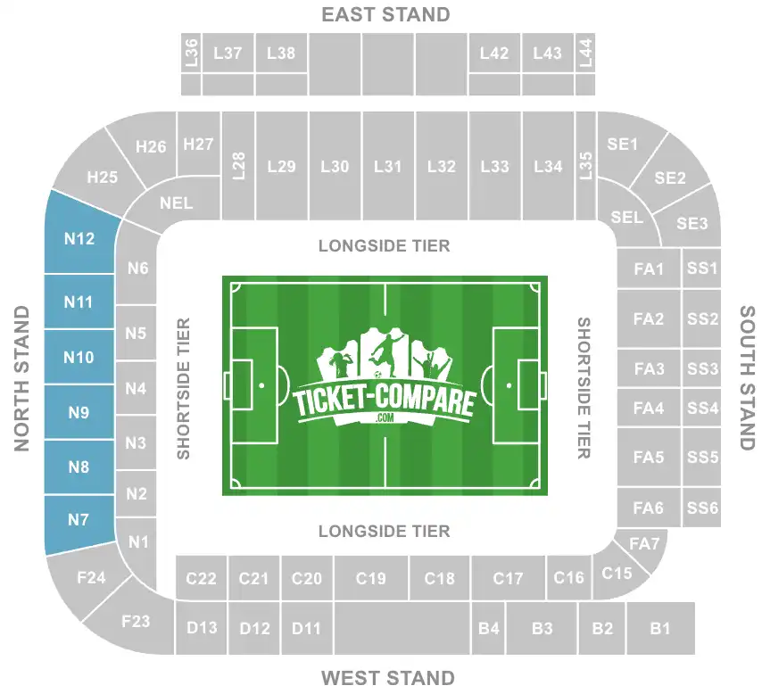 Plano Elland Road resaltando bloques N7-N12