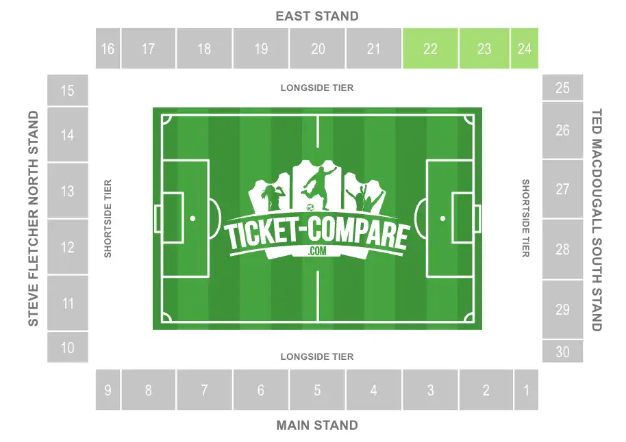 Plano de asientos zona visitante Vitality Stadium con bloques 22, 23 y 24 destacados