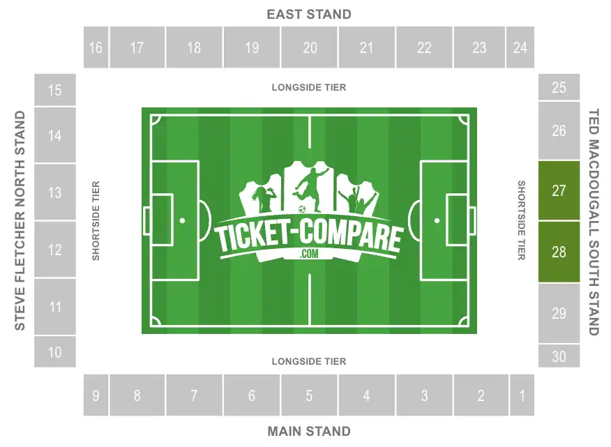 Plano de asientos del Vitality Stadium con bloques 27 y 28 destacados