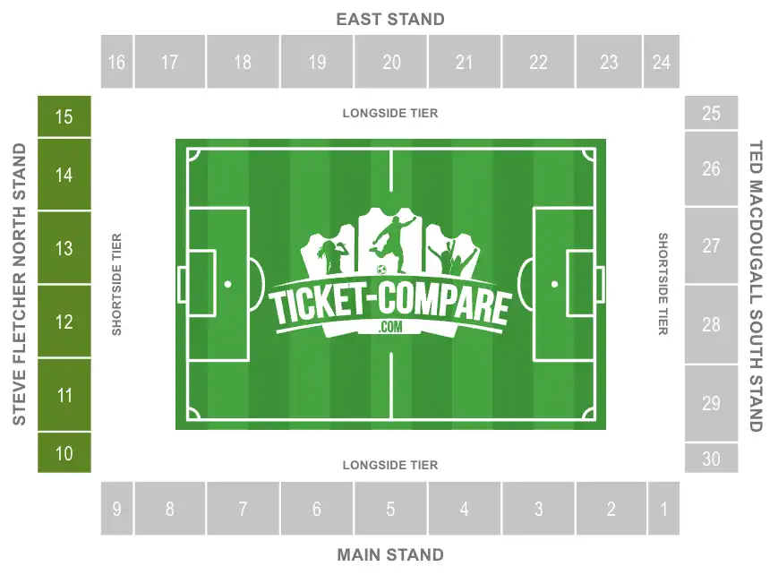 Plano de asientos Vitality Stadium con tribuna norte destacada